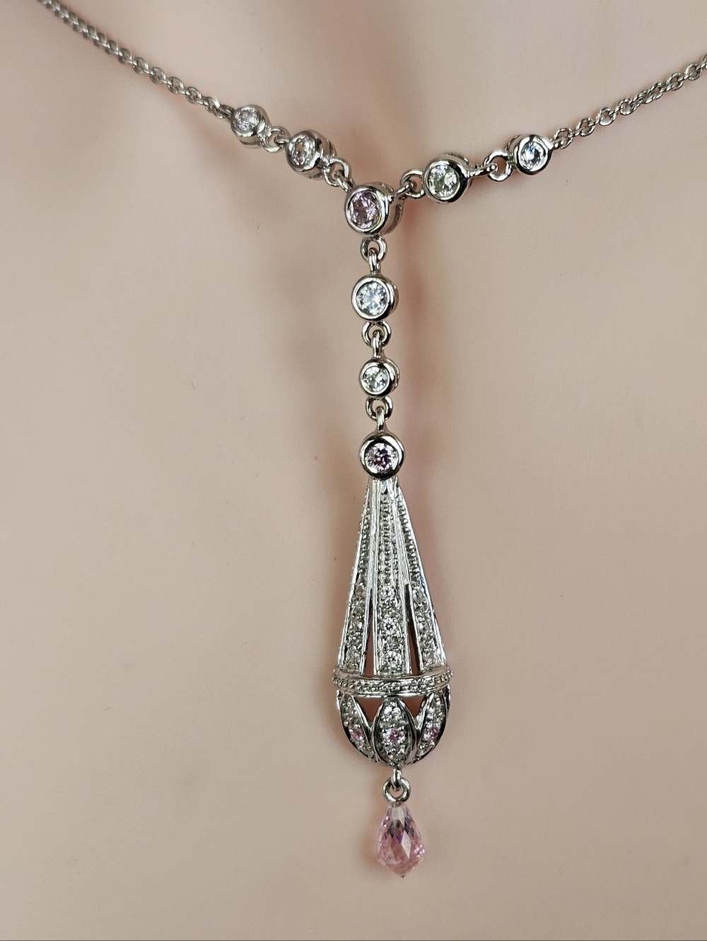 Authentic Victoria Wieck Pink & White Bezel Set Crystal Necklace Sterling Silver